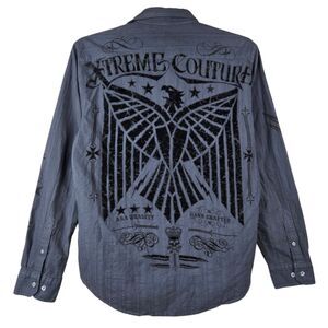 Xtreme Couture Button Shirt L Bird Skull Long Sleeve Velvet Grunge Y2K Gray